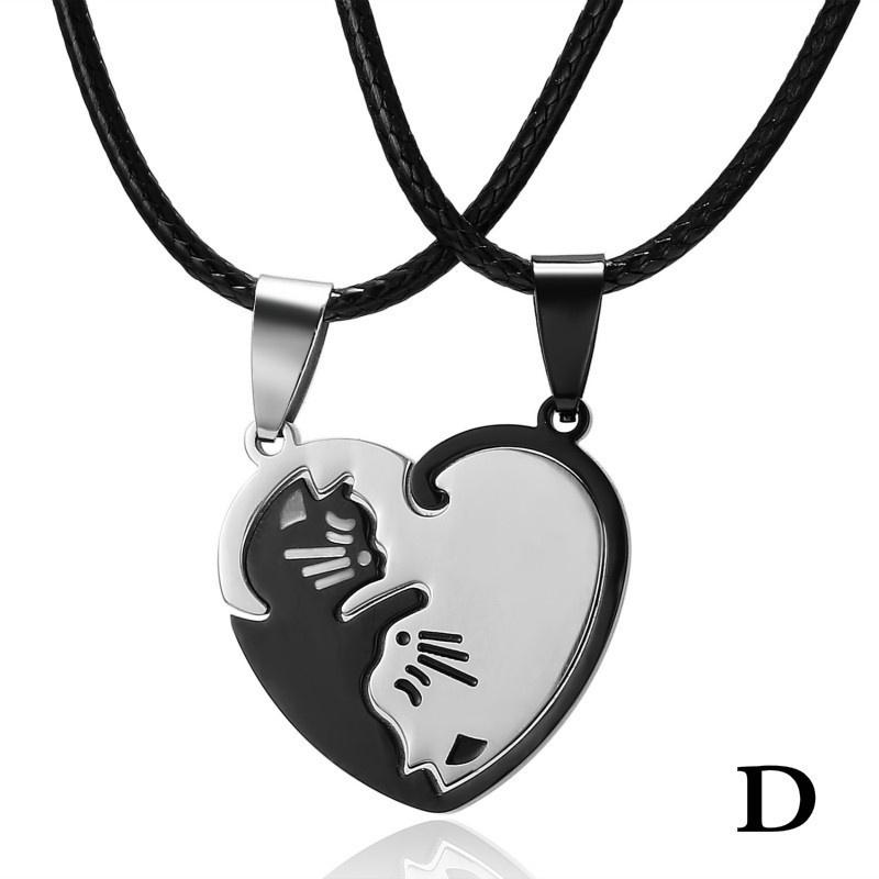 1 Pair Splice Cat Couple Necklace Stainless Steel Love Heart Round Pendant Necklace Valentine's Day