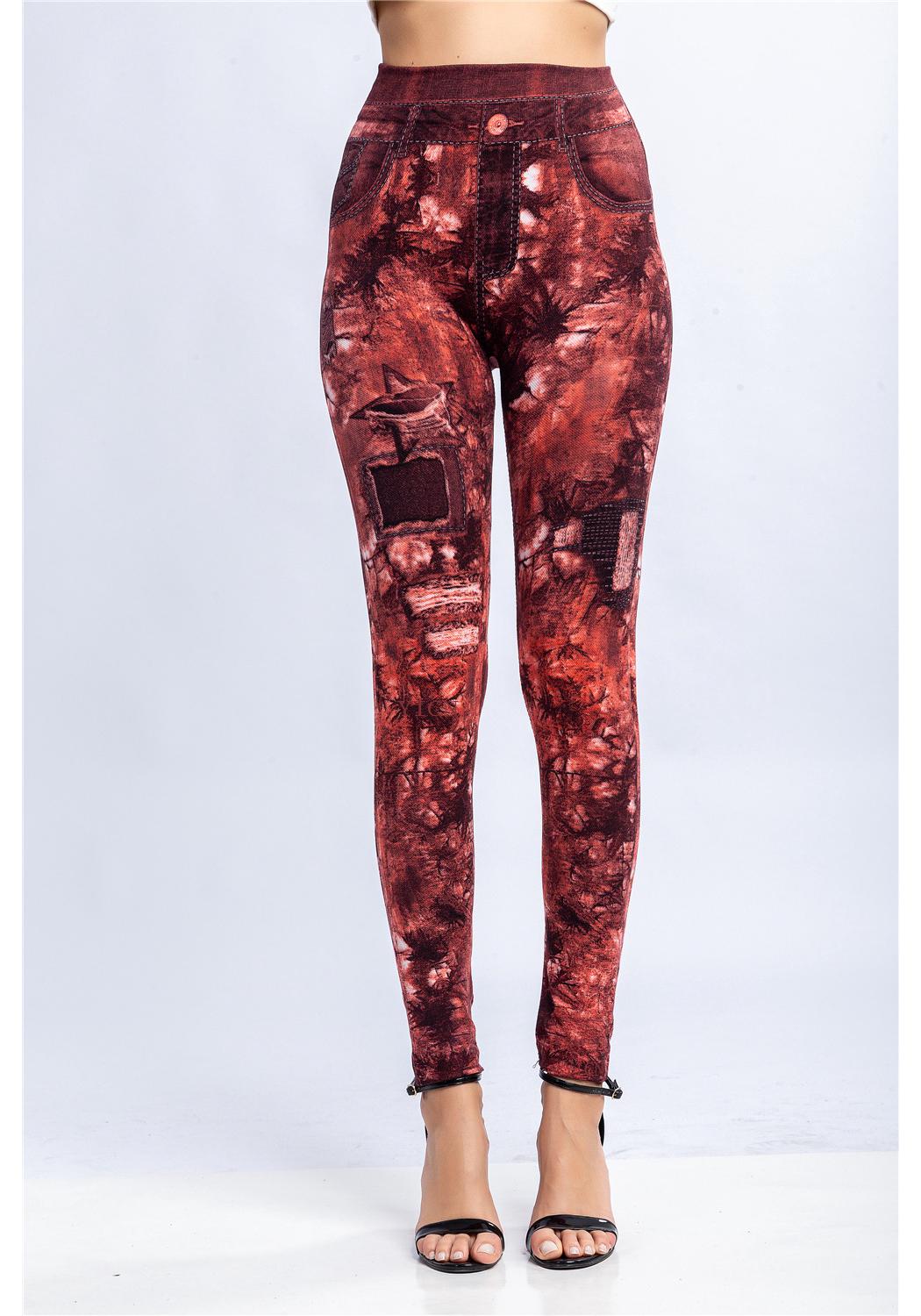

Leaf Print Slimming Hip-Lift Faux Denim Leggings - Breathable, Super Elastic Cropped Pants Double Extra Large красный