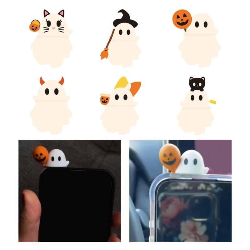 6pcs Adhesive Phone Figurine Surprise Toy Cute Figurine for Most Cellphone Halloween Pumpkin Telephone Toppers