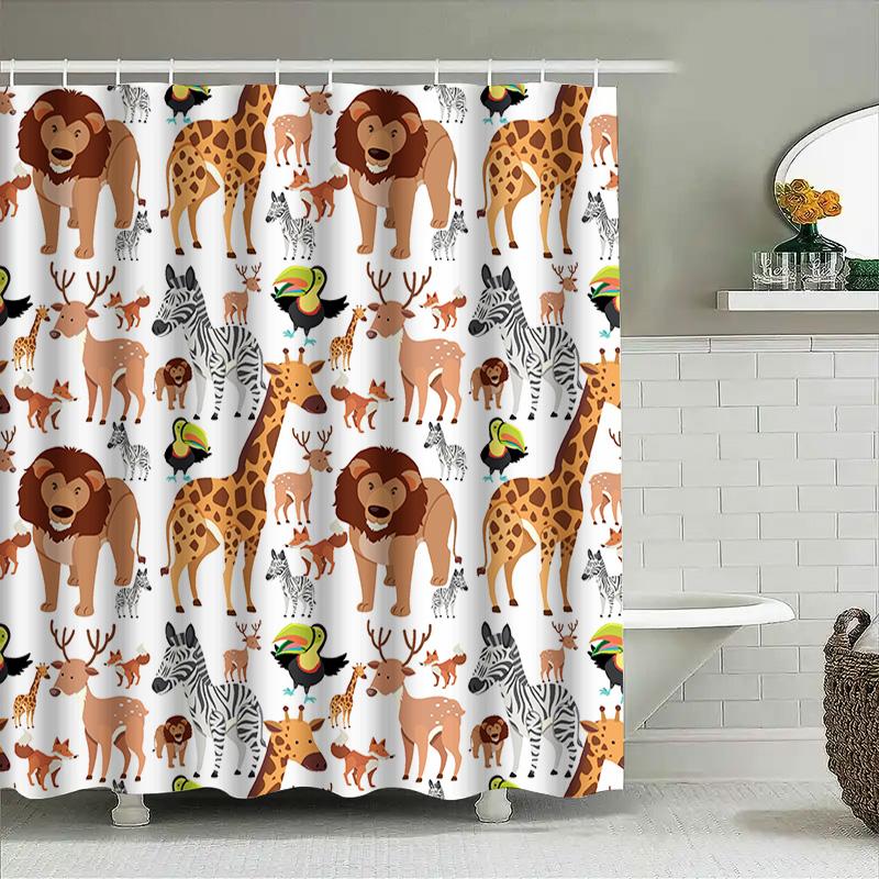 Animal Print Shower Curtain Cartoon Giraffe Lion Decorative Bath Rug With Hooks Set For Kids Bathroom Accessories Home Decoratio