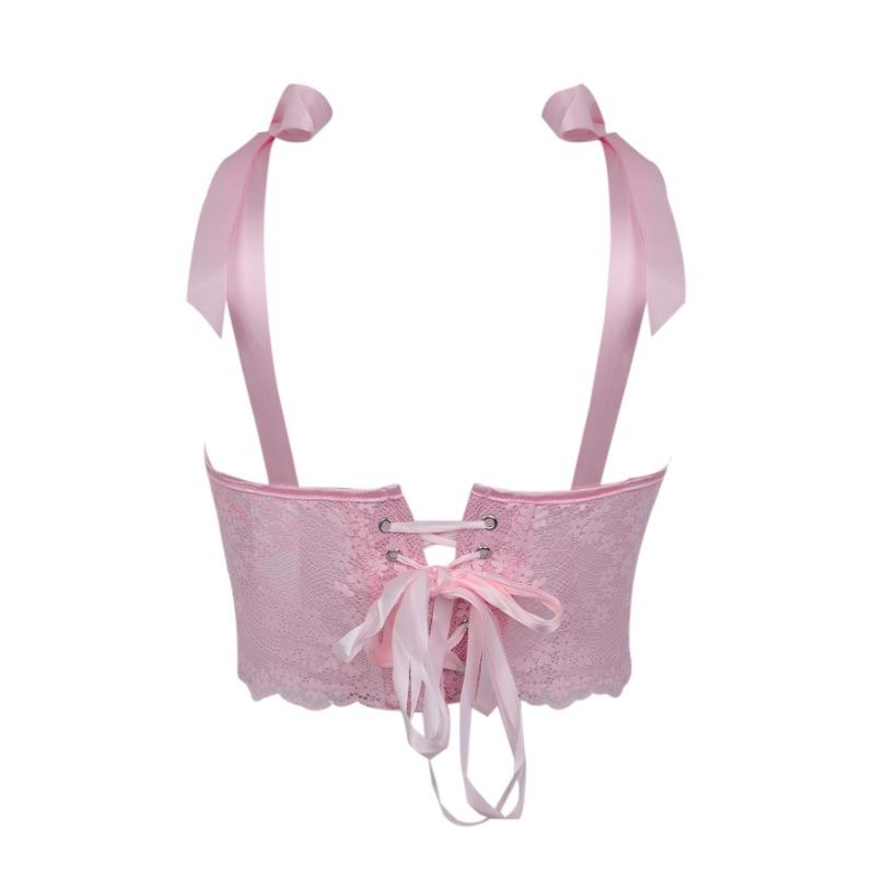 Spitzen-Schleifenband Korsett-Oberteil durchsichtiges Netz Bustier Crop-Top mit Stäbchen für Damen