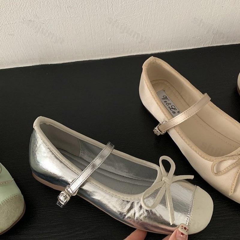 Bow-knot Mary Janes Women's Shoes Height Increasing 2025 Spring New Buckle Strap Ballet Dance Shoes Round Toe Comfortable Flats