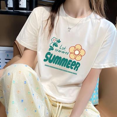 Female Cotton Short-sleeved T-shirt Female Summer Korean Loose Round Neck Printed Tops