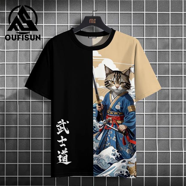 Japanese Anime Samurai Cat T-Shirt For Men 3d Animal Print Short Sleeve Tops Tees Casual T-Shirt Oversized Shirt  Men Clothing