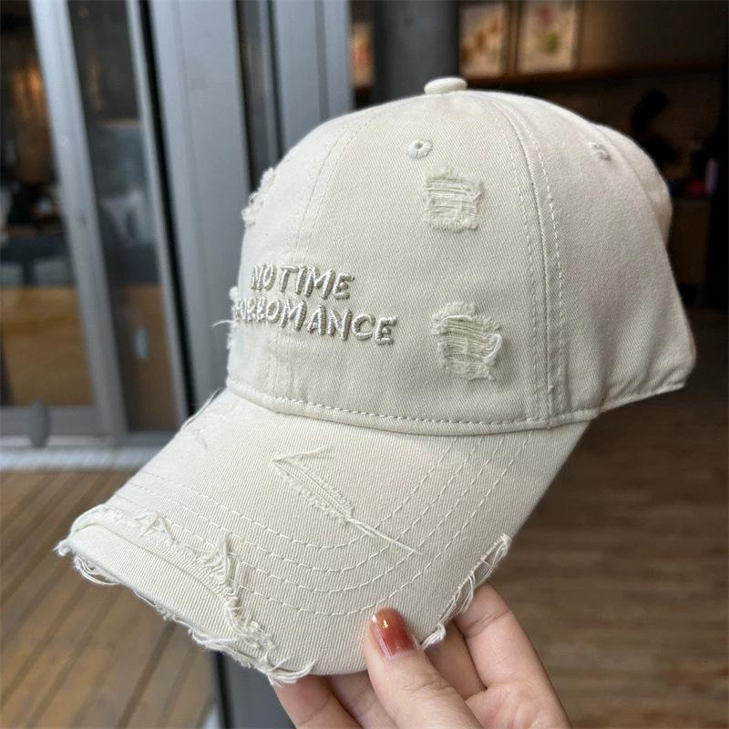 2025 Embroidered Letter Ripped Baseball Cap with Widened Brim for a Slimmer Look - Unisex Casual Soft Top Cap