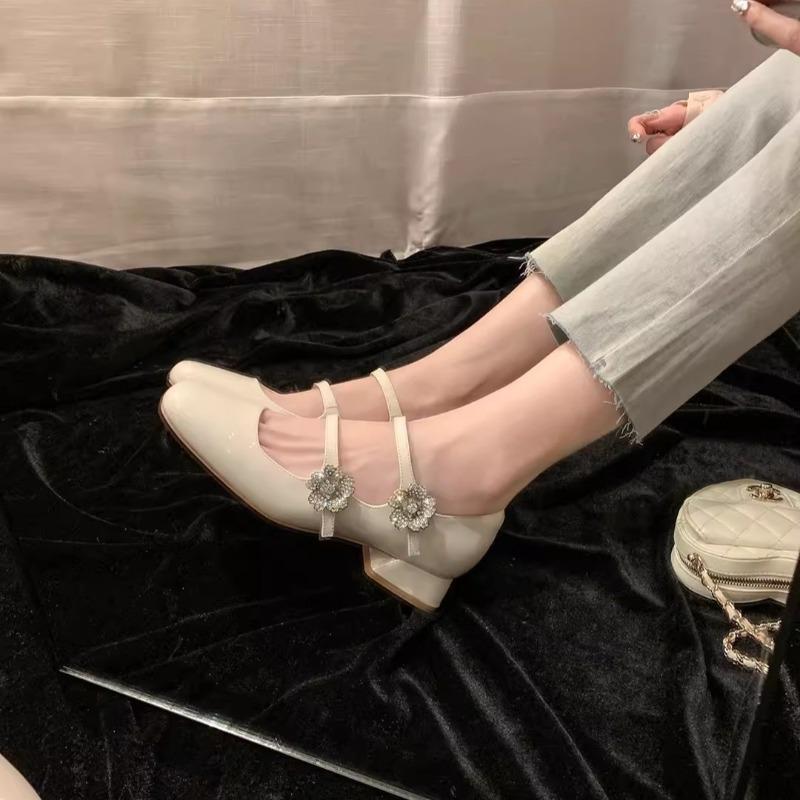 Cowhide Version~ Square Head Flower Rhinestone High-heeled Single Shoes Thick-heeled Mary Jane Shoes Women's Wedding Shoes