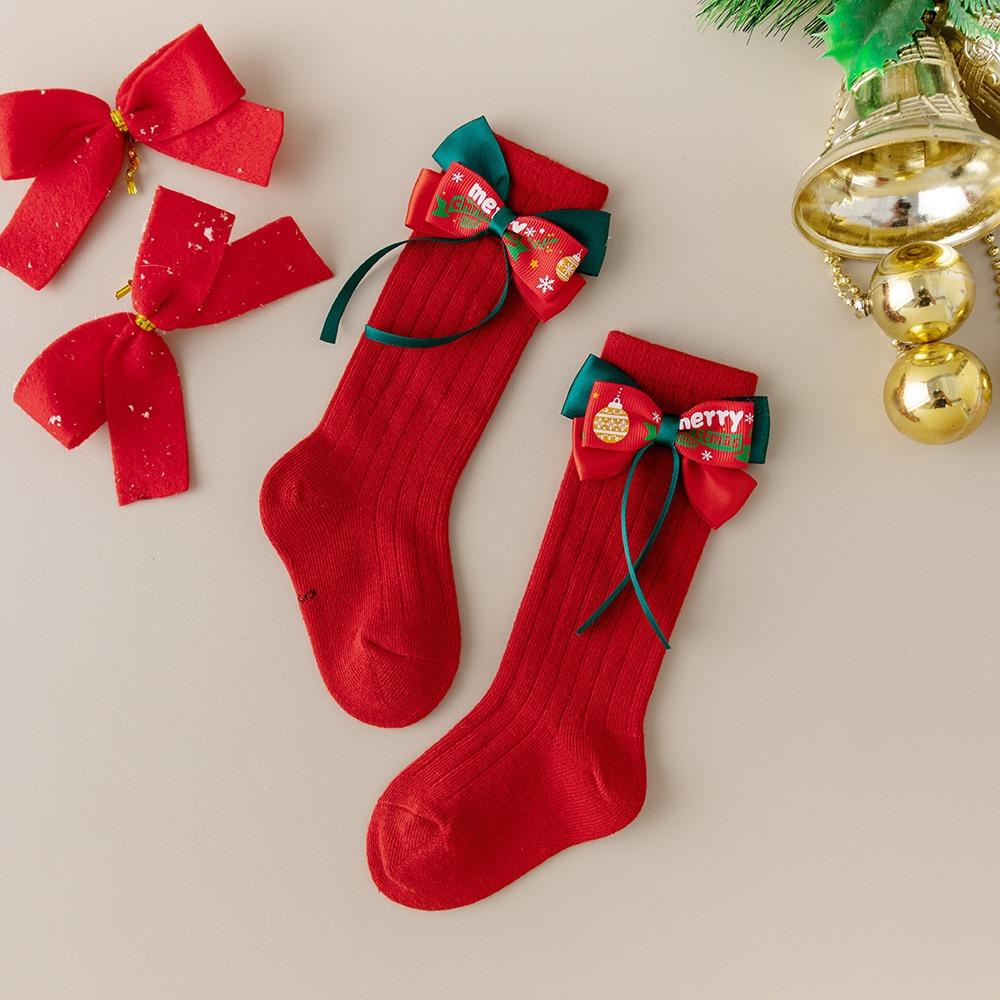 Red Kids Red Socks Cotton Bow Middle Tube Socks Soft Baby Middle Tube Socks  Autumn Winter