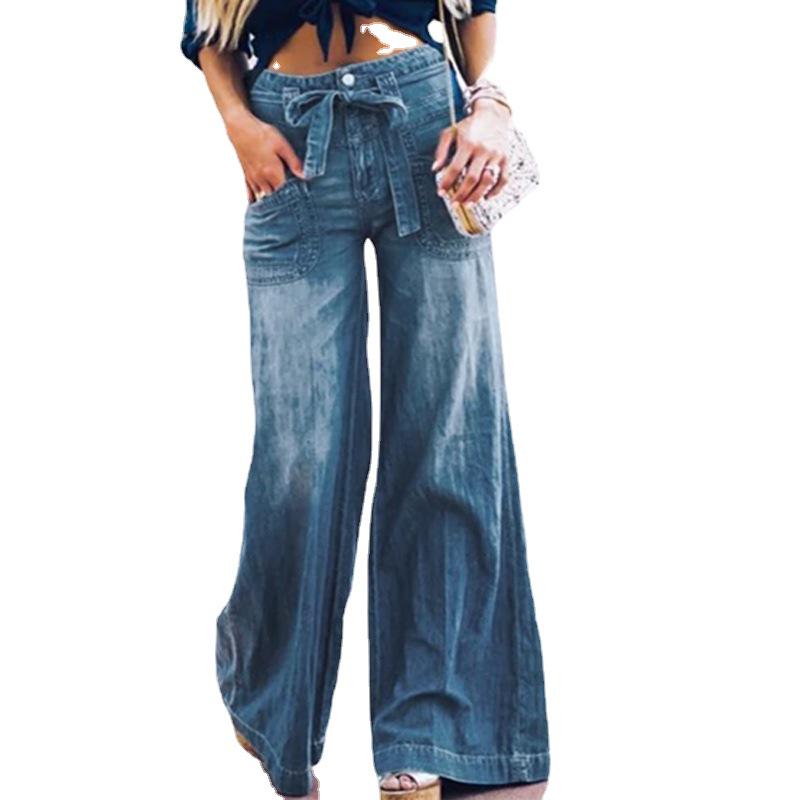 European Elegant Wide-Leg Drapey Lace-Up Slimming Artistic Jeans for Women