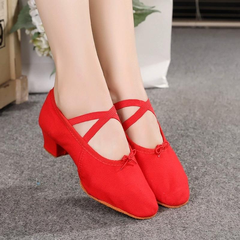 Women's Adult Child Canvas Soft Sole Training Shoes for Yoga Ballet Folk Dance High-Heeled Teacher Shoes Leather Sneakers