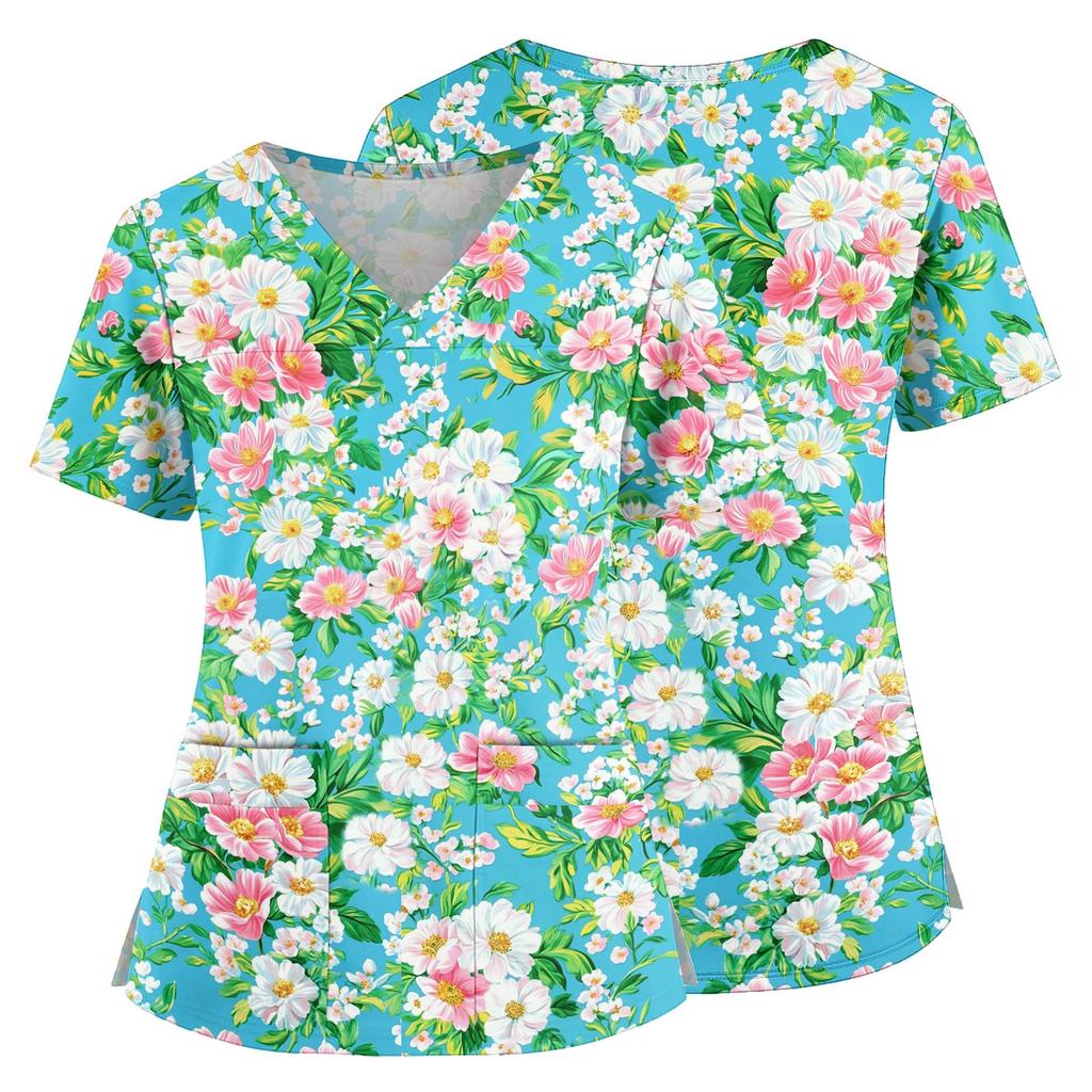 Top Medico a V con Stampa Floreale, Tasche, Spacchi Laterali, Manica Corta, Uniforme da Infermiera per Donna