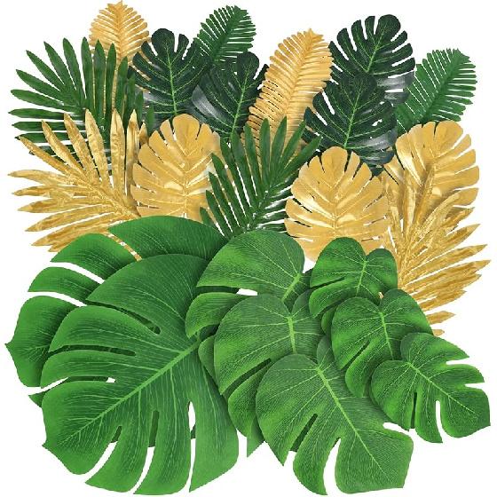 Abzo 77 Pieces 9 Kinds Artificial Palm Leaves for Tropical Party Decorations Golden Tropical Leaves with Stems Jungle Leaves Decoration Hawaiian 77pcs зелёный