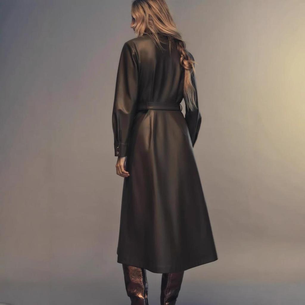 Women's 2025 Faux Leather Long-Sleeve Belted Shirt Dress – Winter Collection
