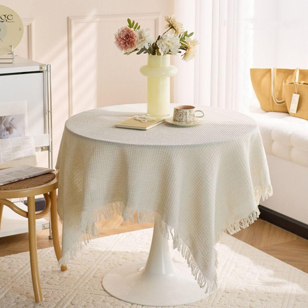 Multi-purpose Garden Table Cloth Waffle Texture Fringe Round Table Tablecloth Tassel Solid Color Dinner Tea Table Covers Picnic