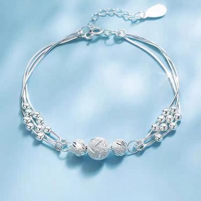 S990 Sterling Silver Triple-Layer Blessing Bead Bracelet for Women, Elegant Chinese Style Jewelry