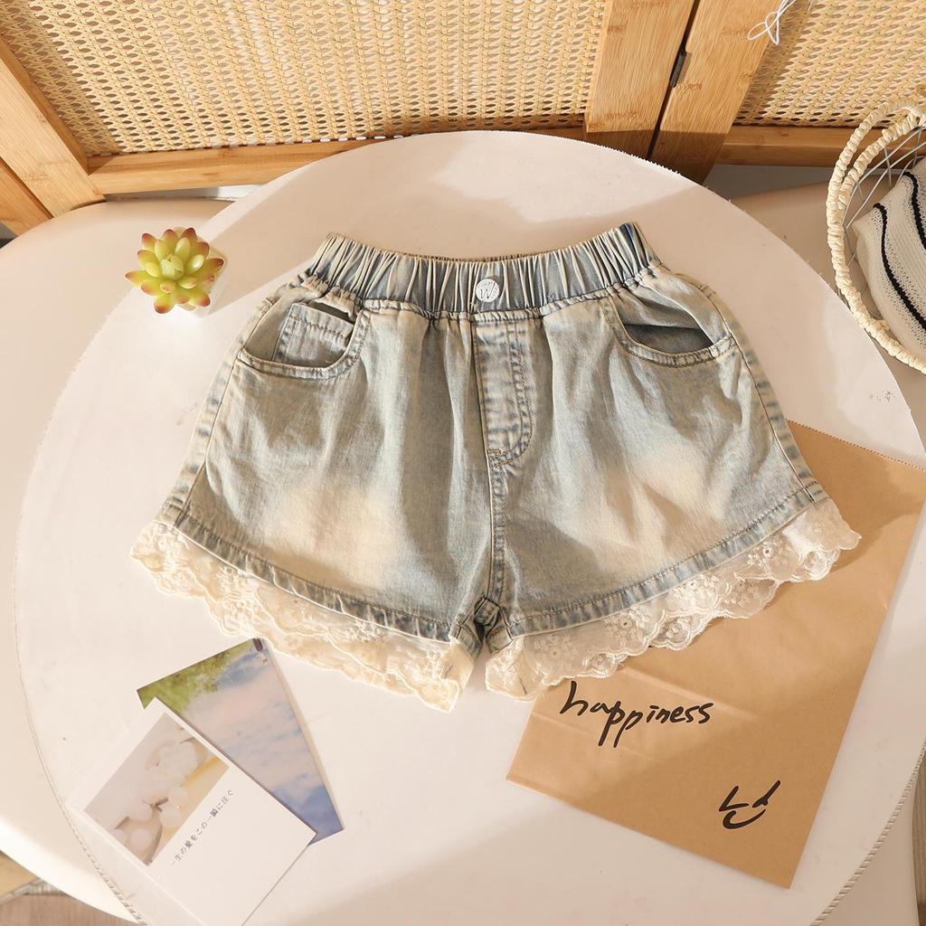 Girls' Lace Hem Denim Shorts - Soft, Elastic Waist, Breathable, Casual Summer Wear
