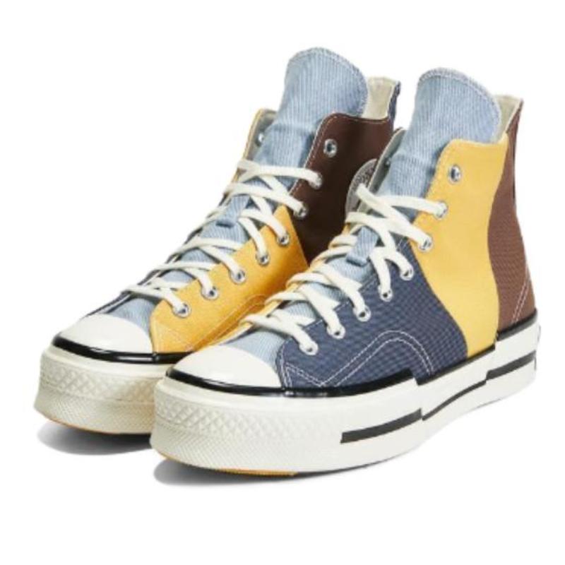 Converse Chuck 70 Plus Non-Slip Shock Absorption High Top Board Shoes Unisex Blue, Yellow and Brown