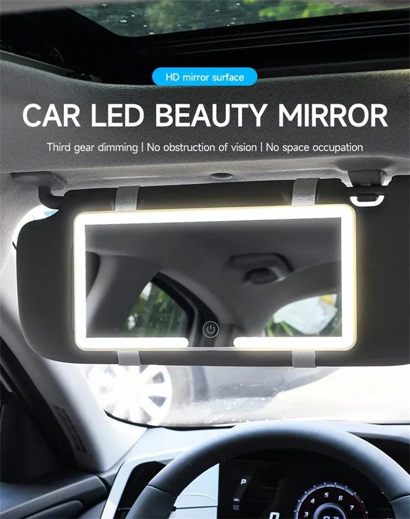 LED Car Vanity Mirror Rechargeable Sun Visor Makeup Mirror HD Dimmable Touch Screen 3 Light Modes Auto Interior Mirror