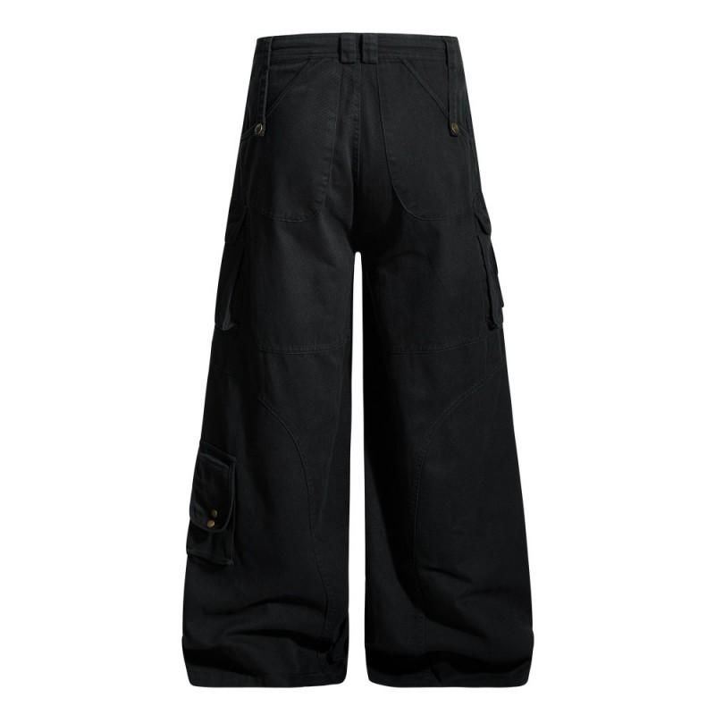 Mens Vibe High Street Cargo Pants Solid Color Loose Wide Leg Work Trousers With Multiple Pockets