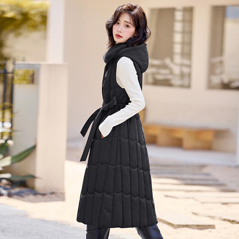 New Women's Lightweight Sleeveless Hair Collar Hooded High Quality Jacket Solid Color Thickened Warm Sports Casual Loose Long Cotton Jacket