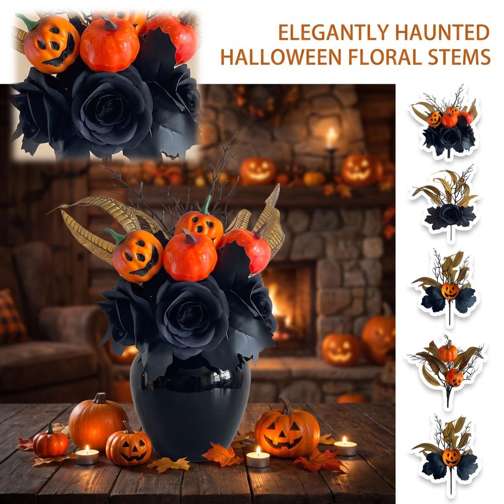 Artificial Black Rose Pumpkin Picks for Halloween Floral Arrangements and Vase Decorations