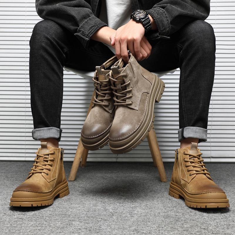 New Men Shoes Genuine Leather Boots Outdoor Casual Hiking Shoes Winter Thick-soled Short Boots