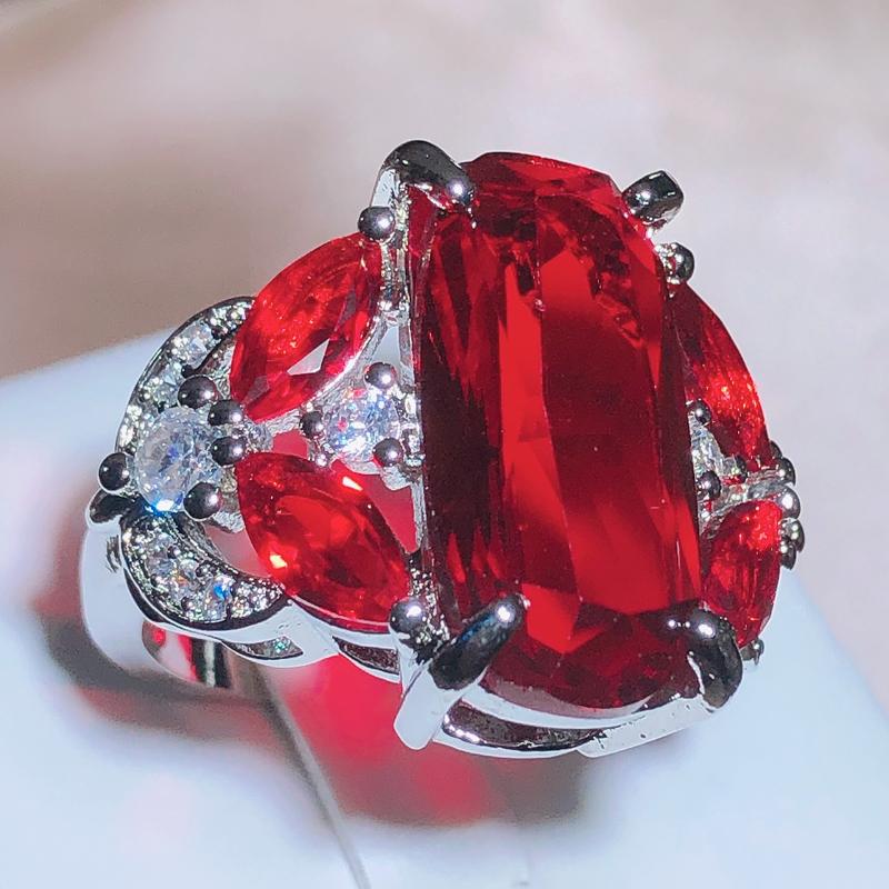 Fashion Female Jewelry Ring Have 925 Stamp AAA Big Red CZ Stone Wedding Engagement Rings for Women Party Jewelry Gift