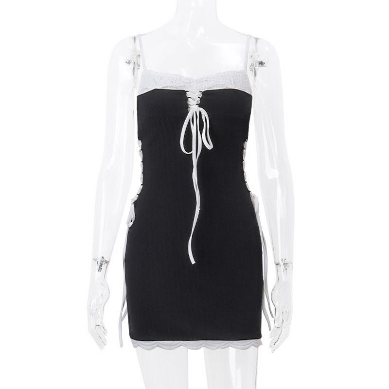 

Fashion Style Ins New Arrival Fashion Sexy Tube Top Side Waist Belt Short Skirt Sexy Backless Skinny Sling Dress Black S