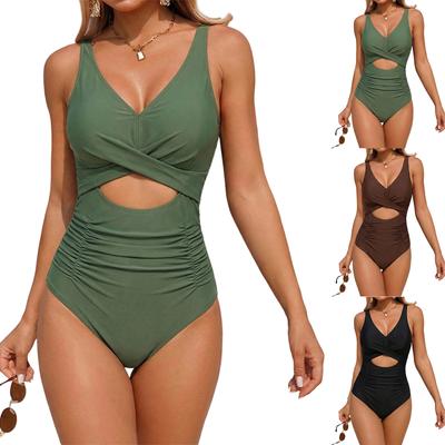 Swimsuit for Women Cross Front Cutout Ruched Tummy Control Bathing Suit V Neck Backless Swimwear