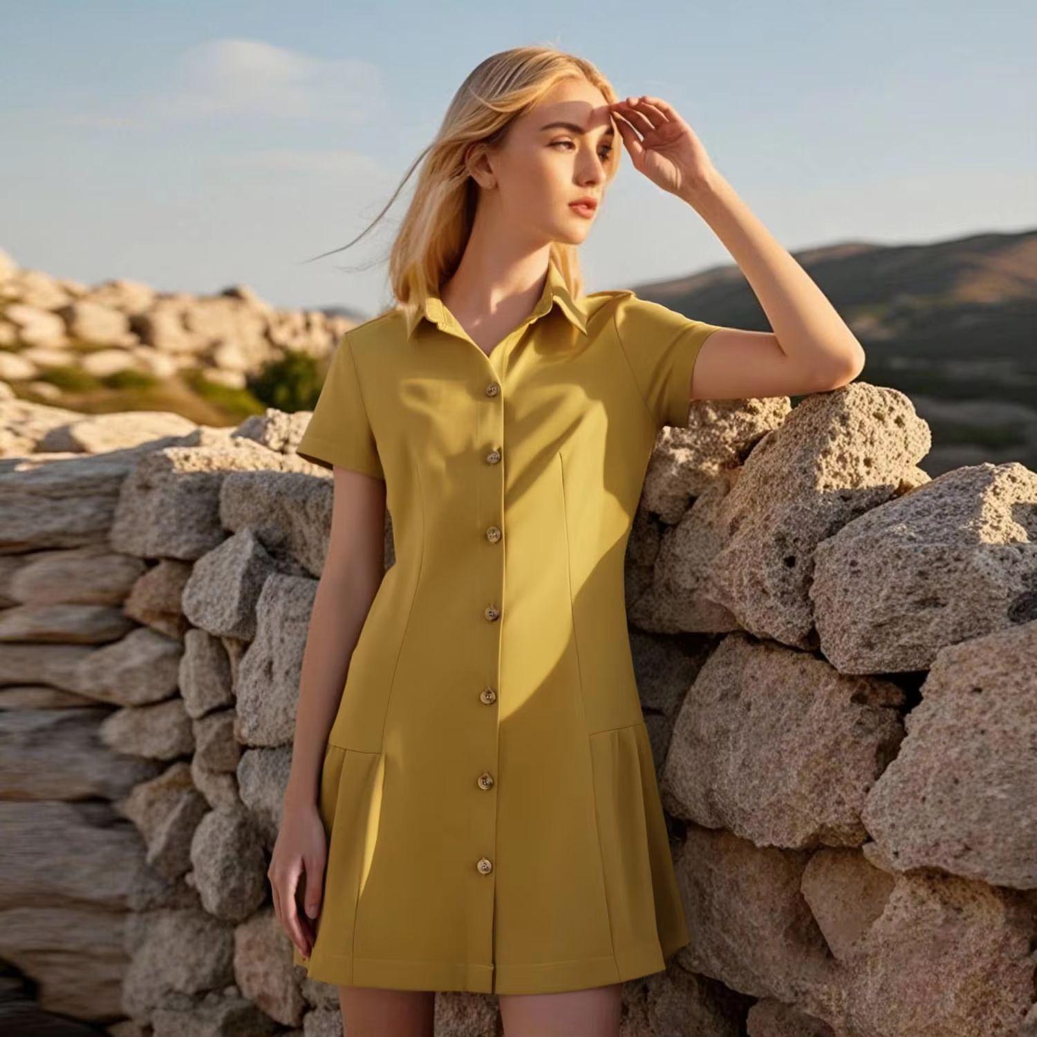

2025 Spring/Summer Women s Slim Fit Turn-Down Collar Short-Sleeve Dress Medium