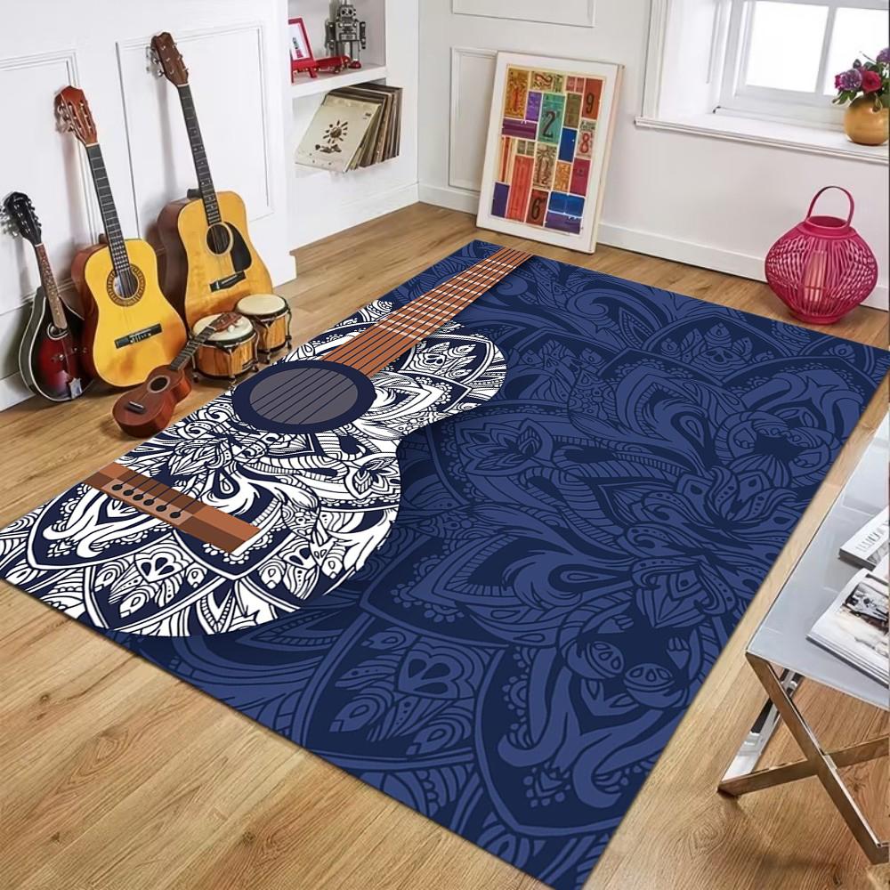 

Vintage Guitar Area Rug Music Theme Home Decor Carpet Ethnic Floral Hidden Print Soft Non-slip Floor Mat for Living Room Bedroom 40X60cm