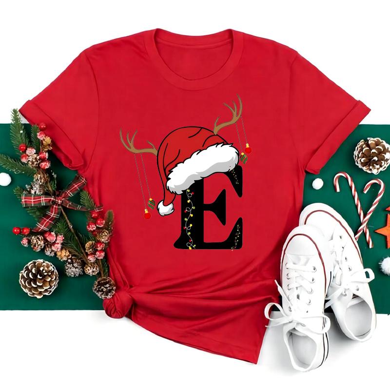New 26 AZ Christmas Alphabet T Shirt Women Casual Fashion Tshirt Short Sleeve Christmas Party Aesthetics fashion Clothing