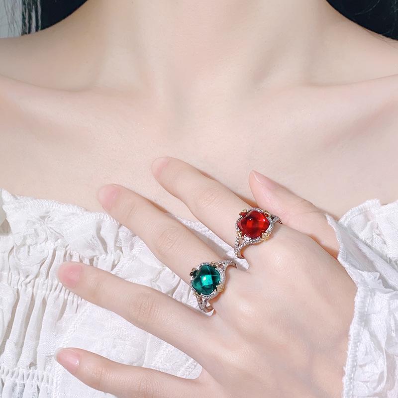Manufacturer's New Retro Ring With An Open Mouth Women's Ruby Inlay Versatile Fashionable High-end Light Luxury