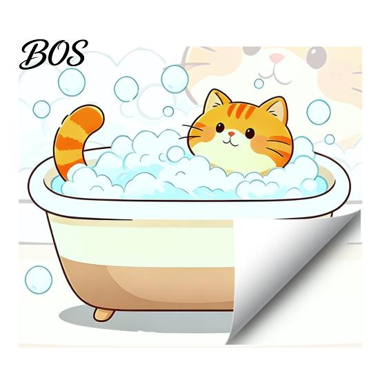 Humorous Wall Sticker Cartoon Cat Sticker, Funny Orange Bathing/Licking Decal, Kitchen Decoration Peel And Stick Self-Adhesive PVC Room Mural