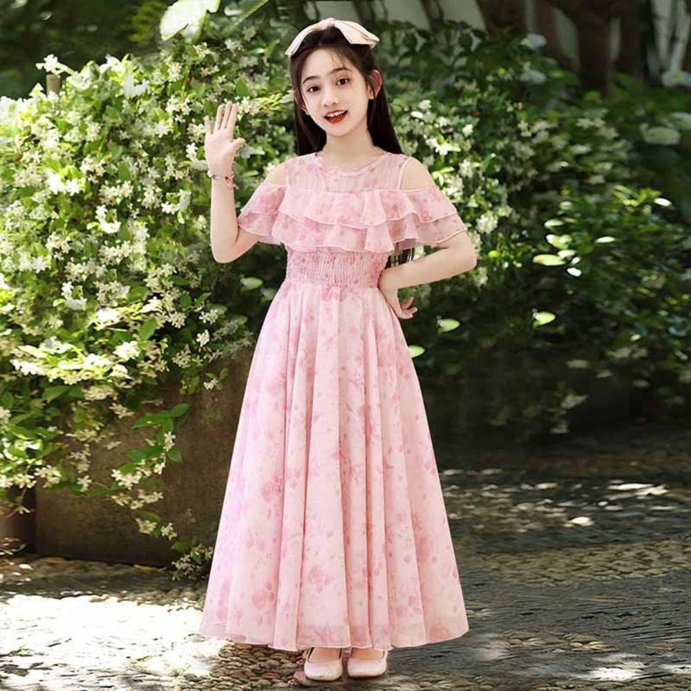 Pleated Girls Chiffon Floral Dress Loose Children Princess Dress Summer Kids Dresses  Holiday