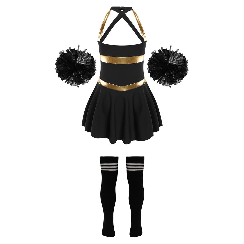 Girls Cheer Costume Sleeveless Crisscross Back Letter Print Patchwork Dress Pom Poms Striped Socks Set