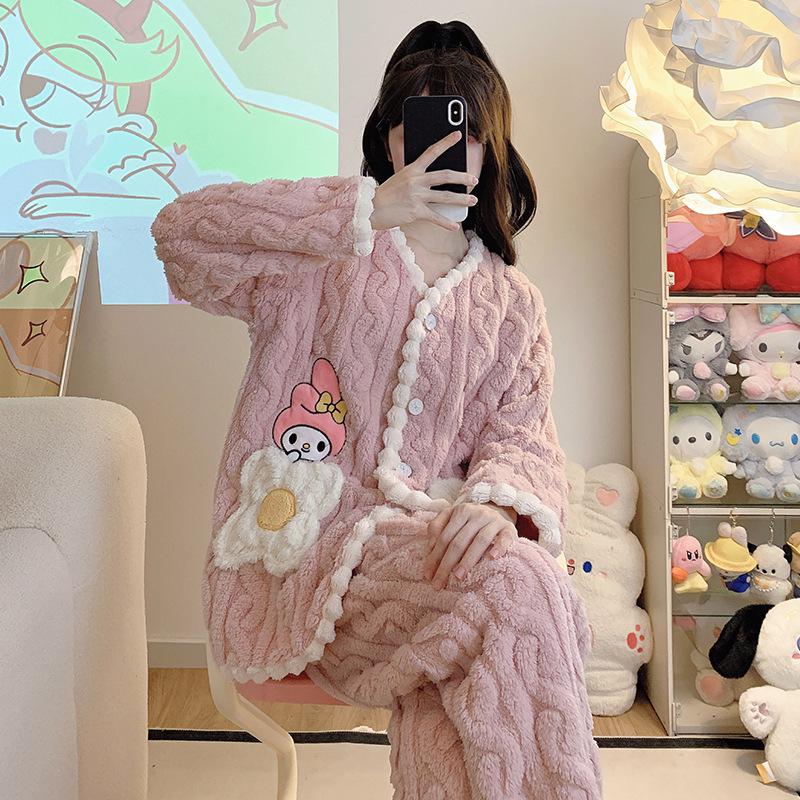 Pyjama Doux en Polaire Grande Taille pour Femmes: Cardigan d'hiver mignon avec du corail pelucheux