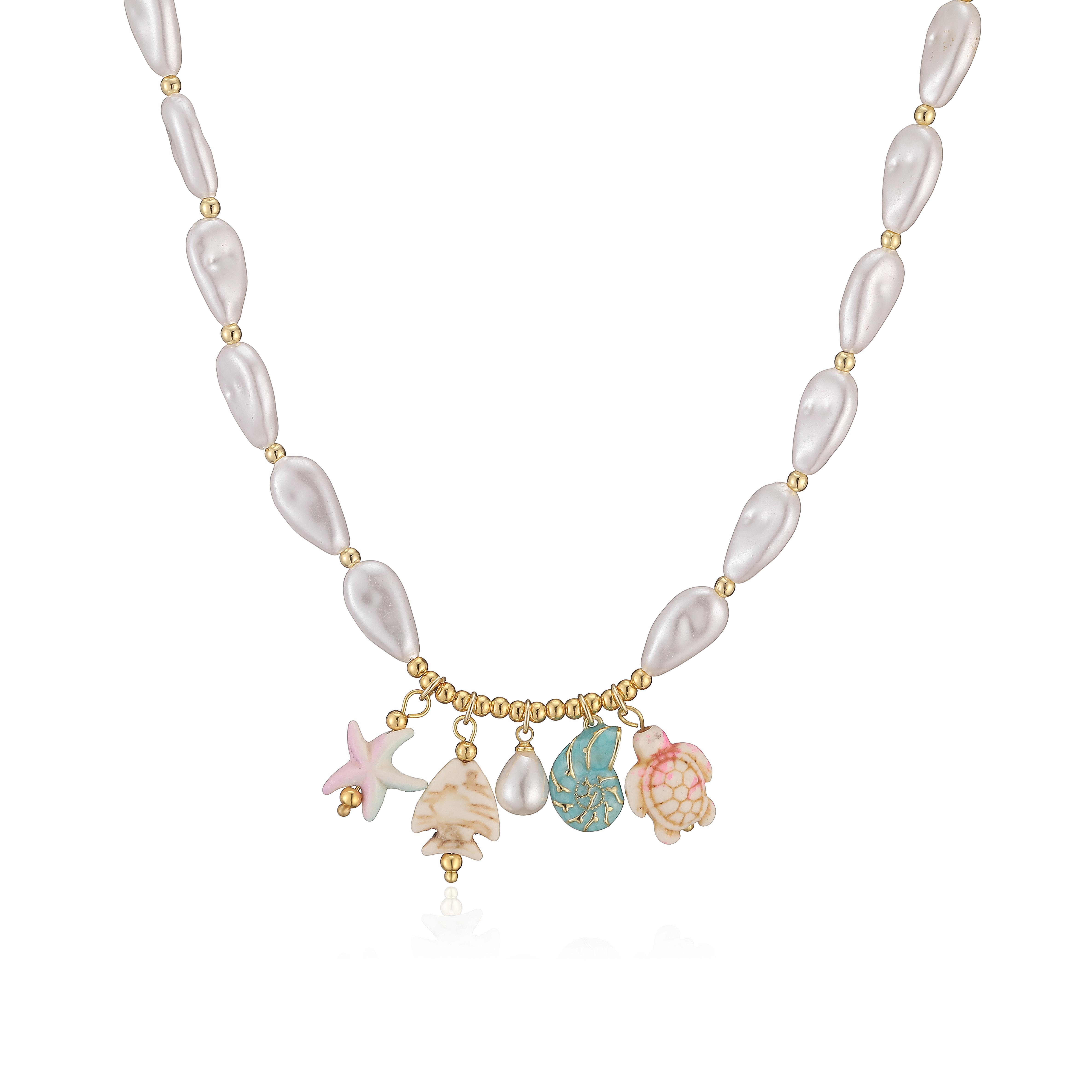 

Boho Exaggerated Colourful Beach Necklace Gold Plated Brass Chain with Ocean Pendant Handmade Holiday Zircon for Hawaiian 50cm