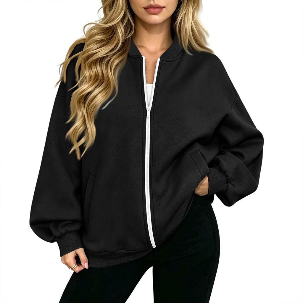 Women's Long Sleeve V-Neck Zip-Up Jacket, Casual Color Loose Fit Outerwear