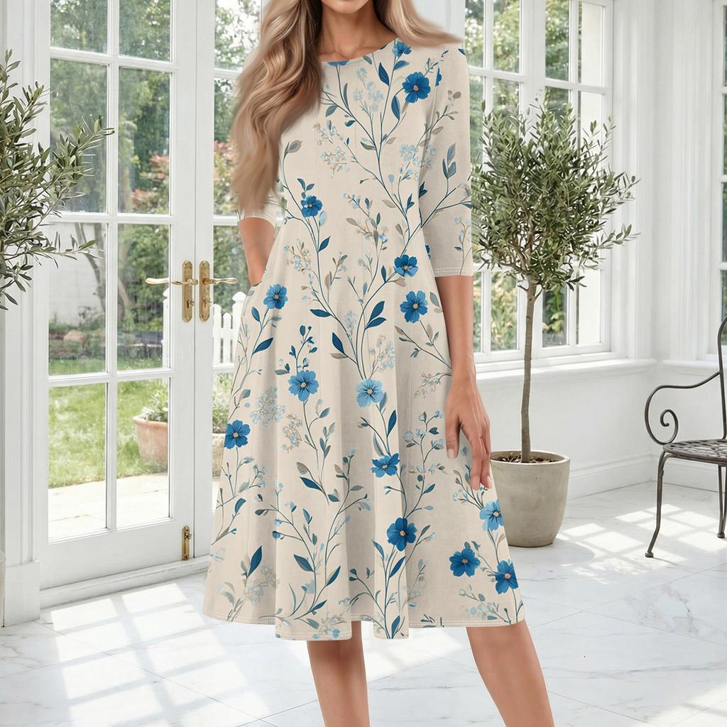 Women's Casual Fashion Round Neck Three Quarter Sleeve Printed Midi Dress