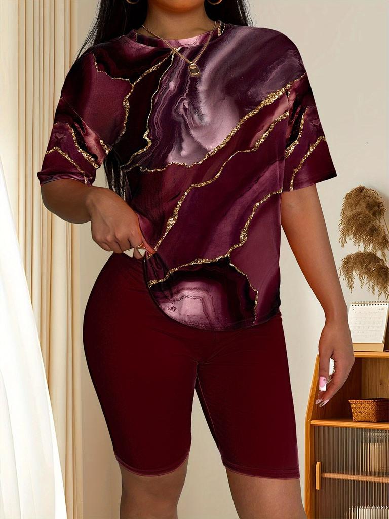 Love Women's Casual Suit Short Sleeve Shorts 1D Digital Flower Stripe Printing Fashion T-Shirt Set