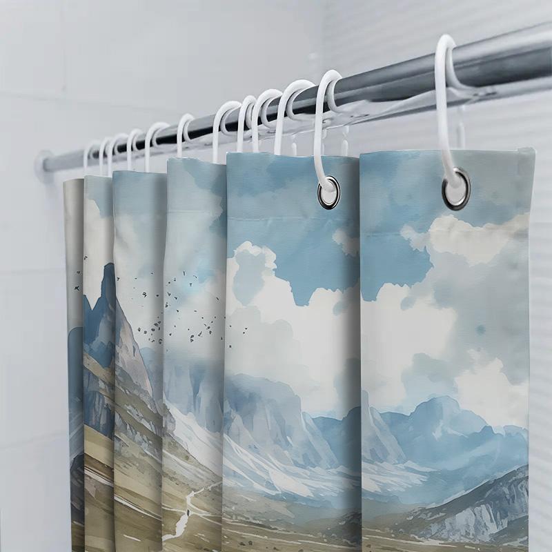 Watercolor Mountain Hiking Shower Curtain Nature Trail Art With Backpackers And Scenic View Bathroom Decor Waterproof Durable