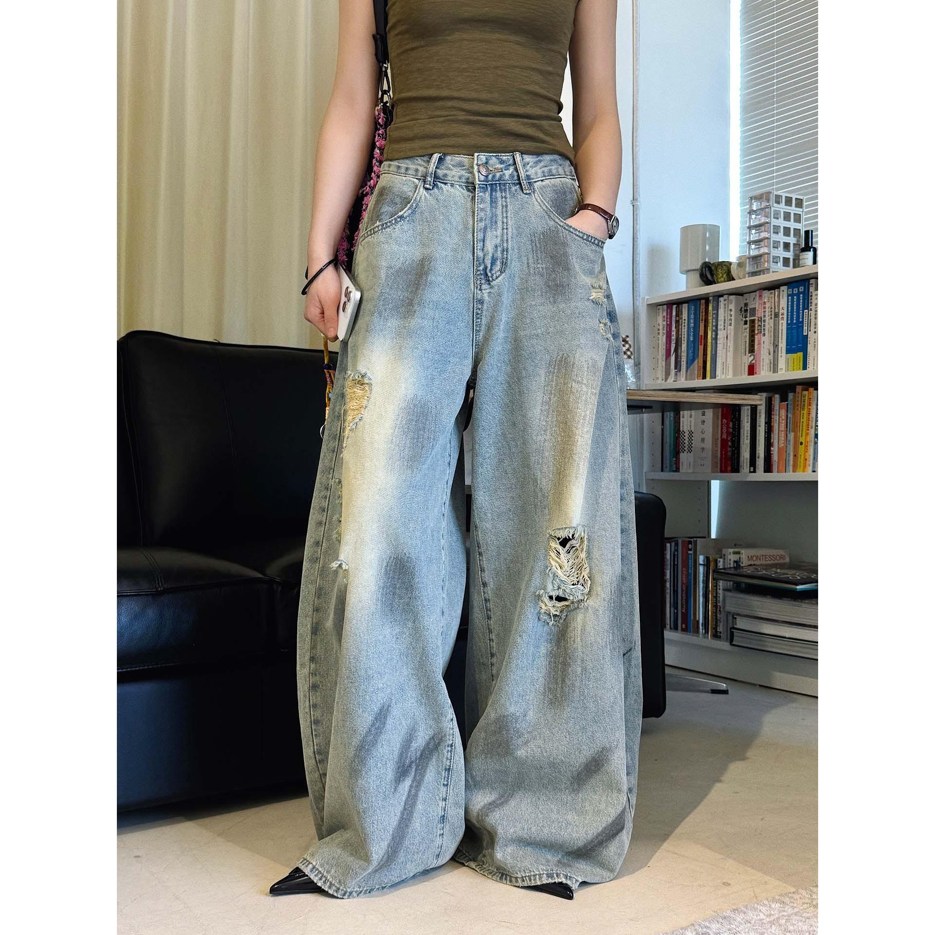 Johnature Summer Retro Distressed Gradient Jeans Loose Wide-Leg Pants For Women S