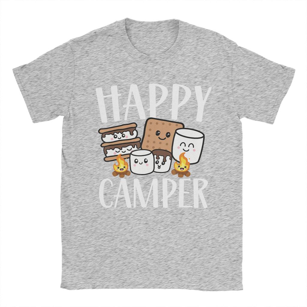 Kawaii Smore Happy Camper Camping Cotton TShirt For Men Summer Funny T Shirts O Neck Hipster Tees Plus Size Custom Logo Tops