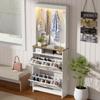 Narrow Shoe Cabinet with LED Lighting & 2 Flip-down Drawers – Farmhouse Shoe Organizer, with Hooks, for Hallway, Space-saving, White, 70x24x180 Cm