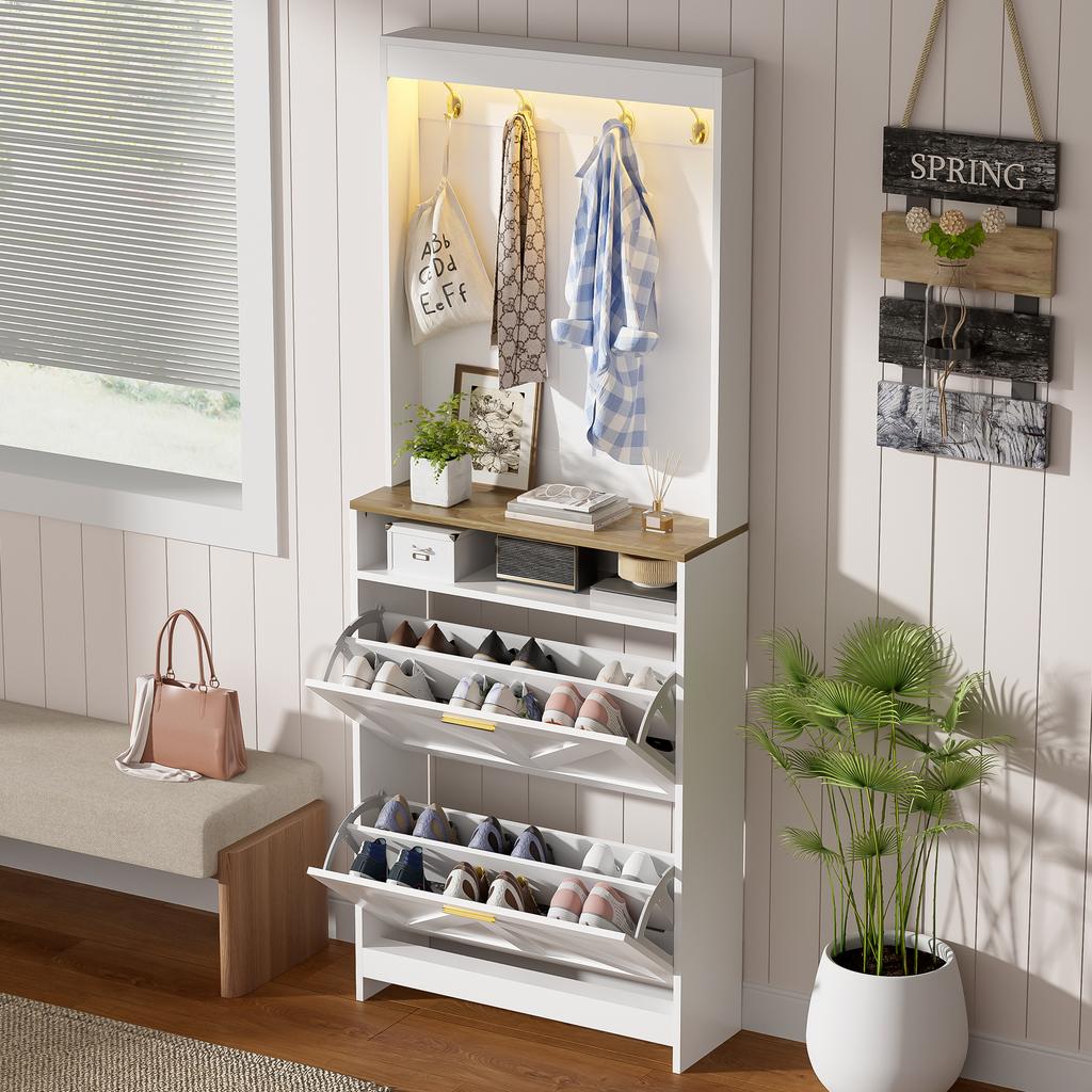 Narrow Shoe Cabinet with LED Lighting & 2 Flip-down Drawers – Farmhouse Shoe Organizer, with Hooks, for Hallway, Space-saving, White, 70x24x180 Cm