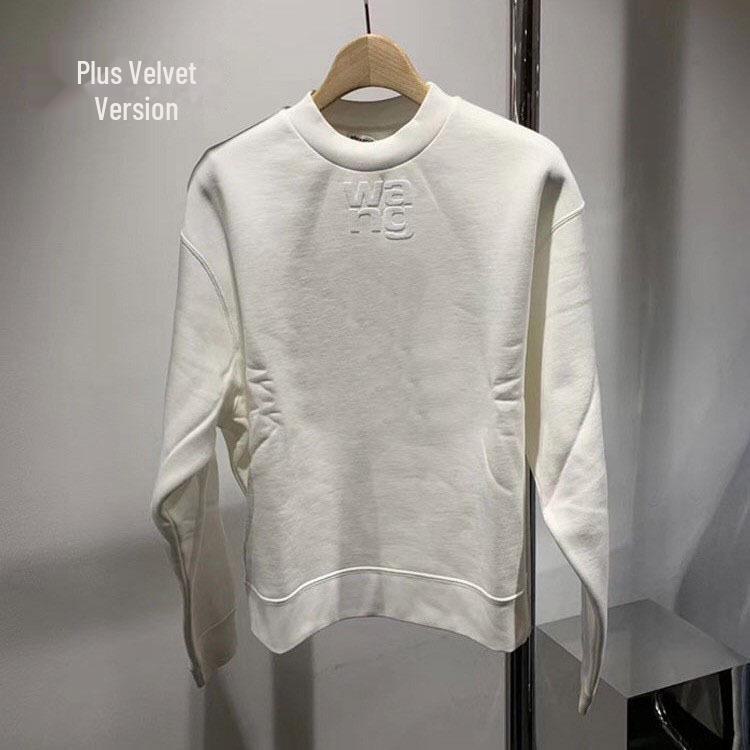 

Белый свитер с капюшоном в американском стиле 2025 года: Женский короткий бархатный свитер с принтом из пеноматериала и буквами на осень/зиму S