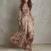 Women's Vintage Chiffon Floral Print Round Neck Long Sleeve Pleated Waist Dress for Casual Everyday Wear