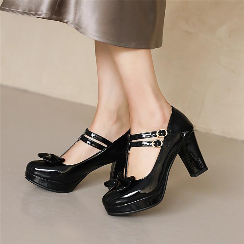 Women Mary Jane Shoes Lolita High Heels Bow T-Strap Platform Pumps Thick Heels Shoes Princess Wedding Party Shoes Plus Size33-46