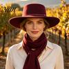 Retro Flat Top Hat Hat, Wool Felt Pork Pie Bowler with Elegant Metal Ring, Wide Brim Trilby for Women Men Autumn Winter Warm Fedora