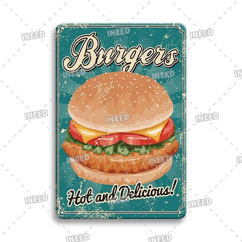 Burger Sign Best in Town 100% Beef BBQ Vintage Decor Hotdogs Kitchen Decorations Wall Plaque Retro Decor Vintage Food Sign